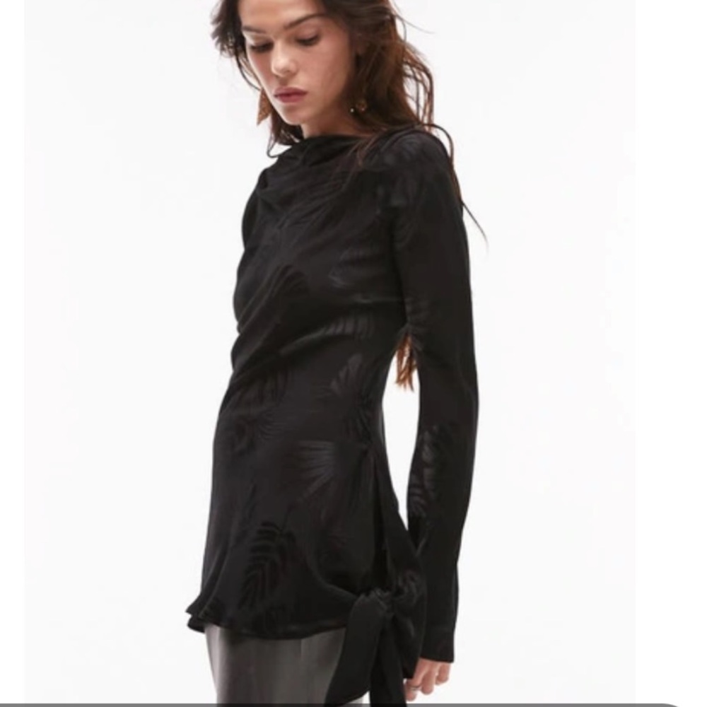 Topshop Leaf Jacquard Tie Hem Satin Blouse In Black